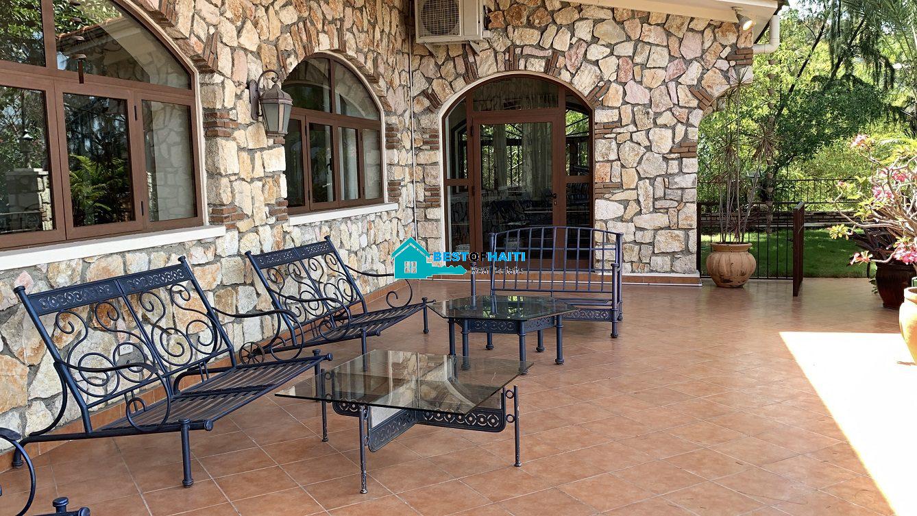 Luxury Fully Furnished Mansion for Rent in the Montana Hotel area of Petion-Ville, Haiti – 5 Spacious Bedrooms, 6 Bathrooms, Sparkling Swimming Pool, Jacuzzi, Whirlpool Jacuzzi Tubs, Air-Conditioner Units (A/C), Ceiling Fans, Washer/Dryer, Breathtaking Views, Strong Solar-Powered Electricity System, Bulletproof Doors/Windowns, Parking for 10 Cars, Servant Quarter, Round-the-Clock Armed Security Guards, Elicopter Landing Pad & More…