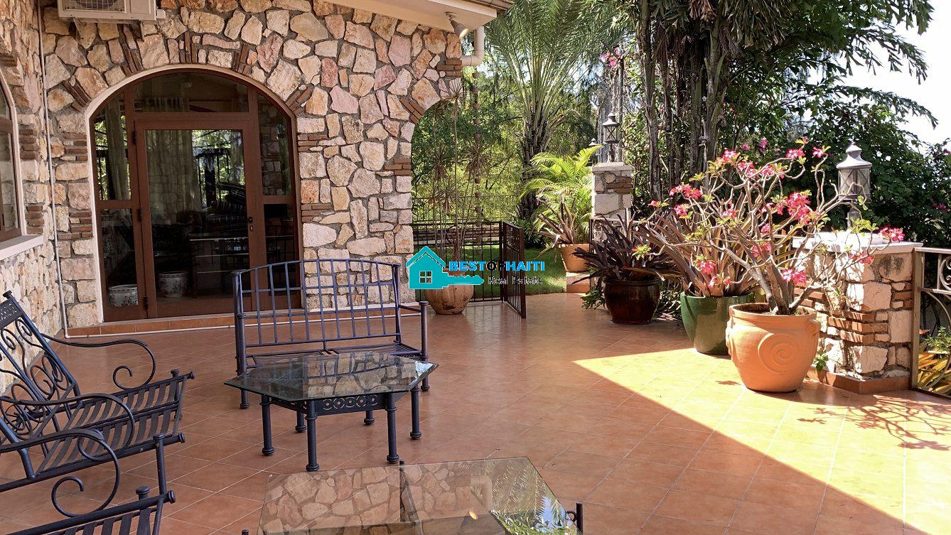 Luxury Fully Furnished Mansion for Rent in the Montana Hotel area of Petion-Ville, Haiti – 5 Spacious Bedrooms, 6 Bathrooms, Sparkling Swimming Pool, Jacuzzi, Whirlpool Jacuzzi Tubs, Air-Conditioner Units (A/C), Ceiling Fans, Washer/Dryer, Breathtaking Views, Strong Solar-Powered Electricity System, Bulletproof Doors/Windowns, Parking for 10 Cars, Servant Quarter, Round-the-Clock Armed Security Guards, Elicopter Landing Pad & More…