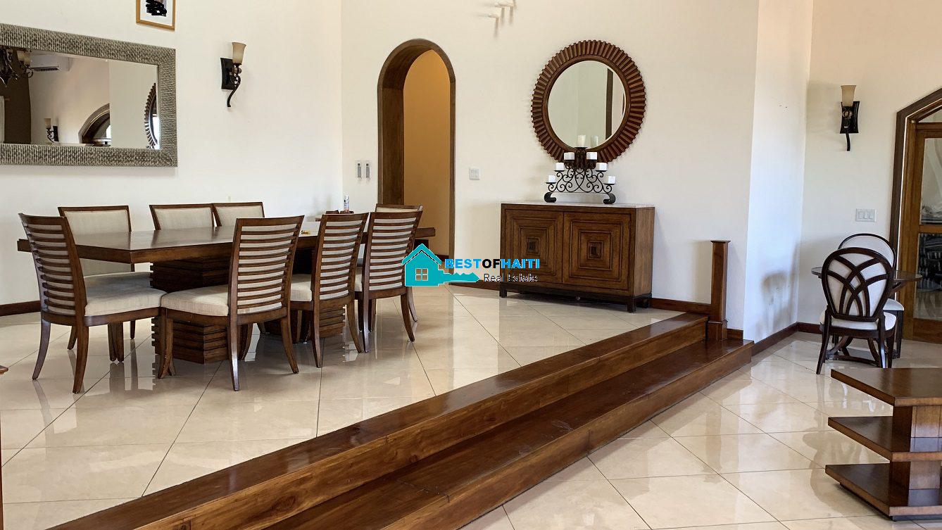 Luxury Fully Furnished Mansion for Rent in the Montana Hotel area of Petion-Ville, Haiti – 5 Spacious Bedrooms, 6 Bathrooms, Sparkling Swimming Pool, Jacuzzi, Whirlpool Jacuzzi Tubs, Air-Conditioner Units (A/C), Ceiling Fans, Washer/Dryer, Breathtaking Views, Strong Solar-Powered Electricity System, Bulletproof Doors/Windowns, Parking for 10 Cars, Servant Quarter, Round-the-Clock Armed Security Guards, Elicopter Landing Pad & More…