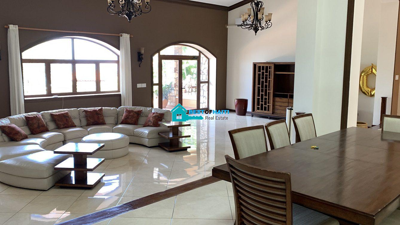 Luxury Fully Furnished Mansion for Rent in the Montana Hotel area of Petion-Ville, Haiti – 5 Spacious Bedrooms, 6 Bathrooms, Sparkling Swimming Pool, Jacuzzi, Whirlpool Jacuzzi Tubs, Air-Conditioner Units (A/C), Ceiling Fans, Washer/Dryer, Breathtaking Views, Strong Solar-Powered Electricity System, Bulletproof Doors/Windowns, Parking for 10 Cars, Servant Quarter, Round-the-Clock Armed Security Guards, Elicopter Landing Pad & More…