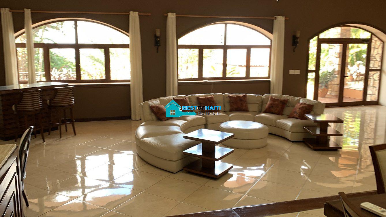 Luxury Fully Furnished Mansion for Rent in the Montana Hotel area of Petion-Ville, Haiti – 5 Spacious Bedrooms, 6 Bathrooms, Sparkling Swimming Pool, Jacuzzi, Whirlpool Jacuzzi Tubs, Air-Conditioner Units (A/C), Ceiling Fans, Washer/Dryer, Breathtaking Views, Strong Solar-Powered Electricity System, Bulletproof Doors/Windowns, Parking for 10 Cars, Servant Quarter, Round-the-Clock Armed Security Guards, Elicopter Landing Pad & More…