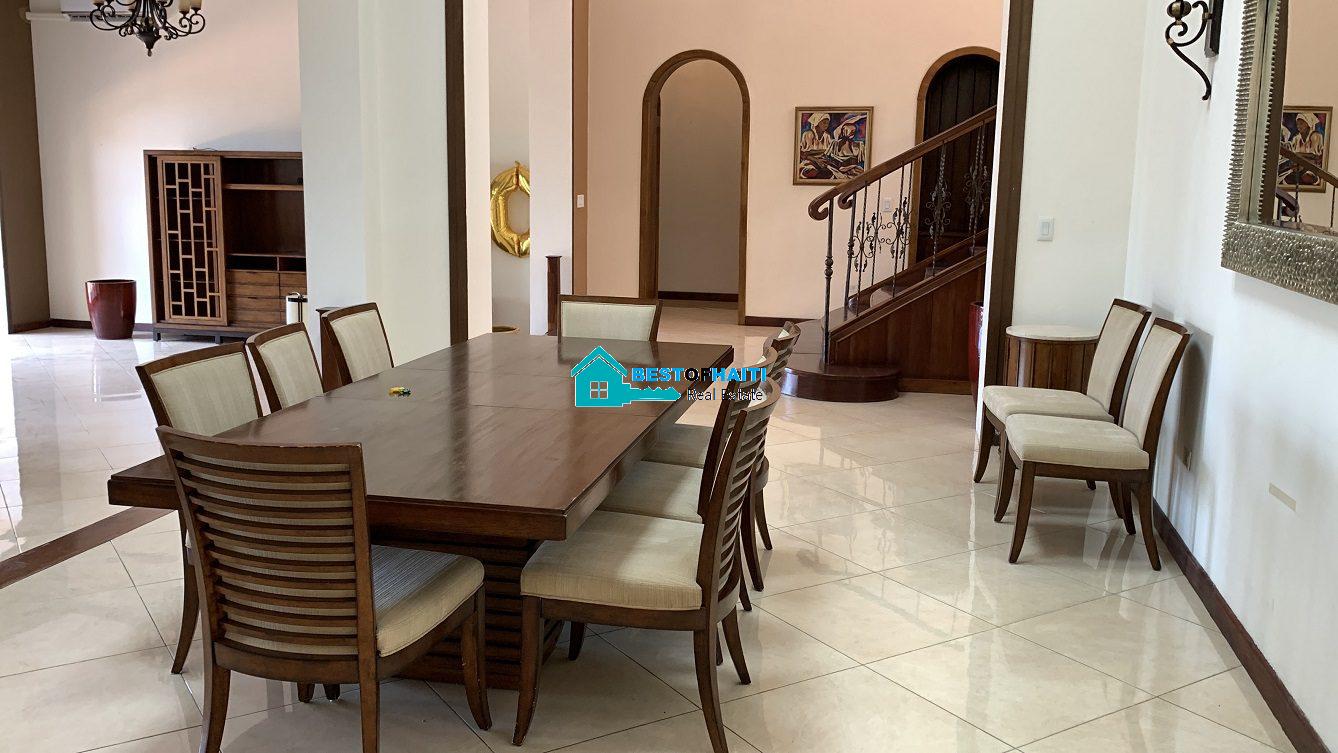 Luxury Fully Furnished Mansion for Rent in the Montana Hotel area of Petion-Ville, Haiti – 5 Spacious Bedrooms, 6 Bathrooms, Sparkling Swimming Pool, Jacuzzi, Whirlpool Jacuzzi Tubs, Air-Conditioner Units (A/C), Ceiling Fans, Washer/Dryer, Breathtaking Views, Strong Solar-Powered Electricity System, Bulletproof Doors/Windowns, Parking for 10 Cars, Servant Quarter, Round-the-Clock Armed Security Guards, Elicopter Landing Pad & More…