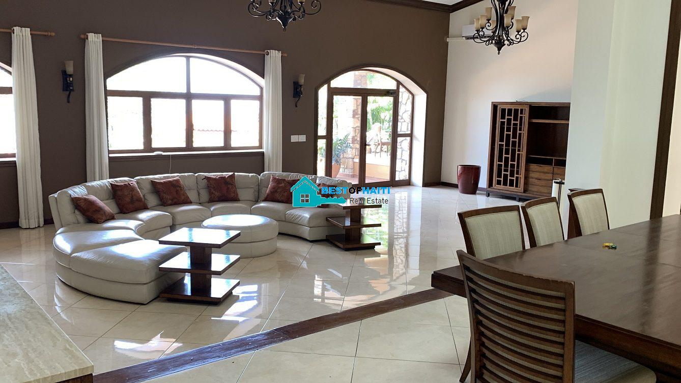 Luxury Fully Furnished Mansion for Rent in the Montana Hotel area of Petion-Ville, Haiti – 5 Spacious Bedrooms, 6 Bathrooms, Sparkling Swimming Pool, Jacuzzi, Whirlpool Jacuzzi Tubs, Air-Conditioner Units (A/C), Ceiling Fans, Washer/Dryer, Breathtaking Views, Strong Solar-Powered Electricity System, Bulletproof Doors/Windowns, Parking for 10 Cars, Servant Quarter, Round-the-Clock Armed Security Guards, Elicopter Landing Pad & More…