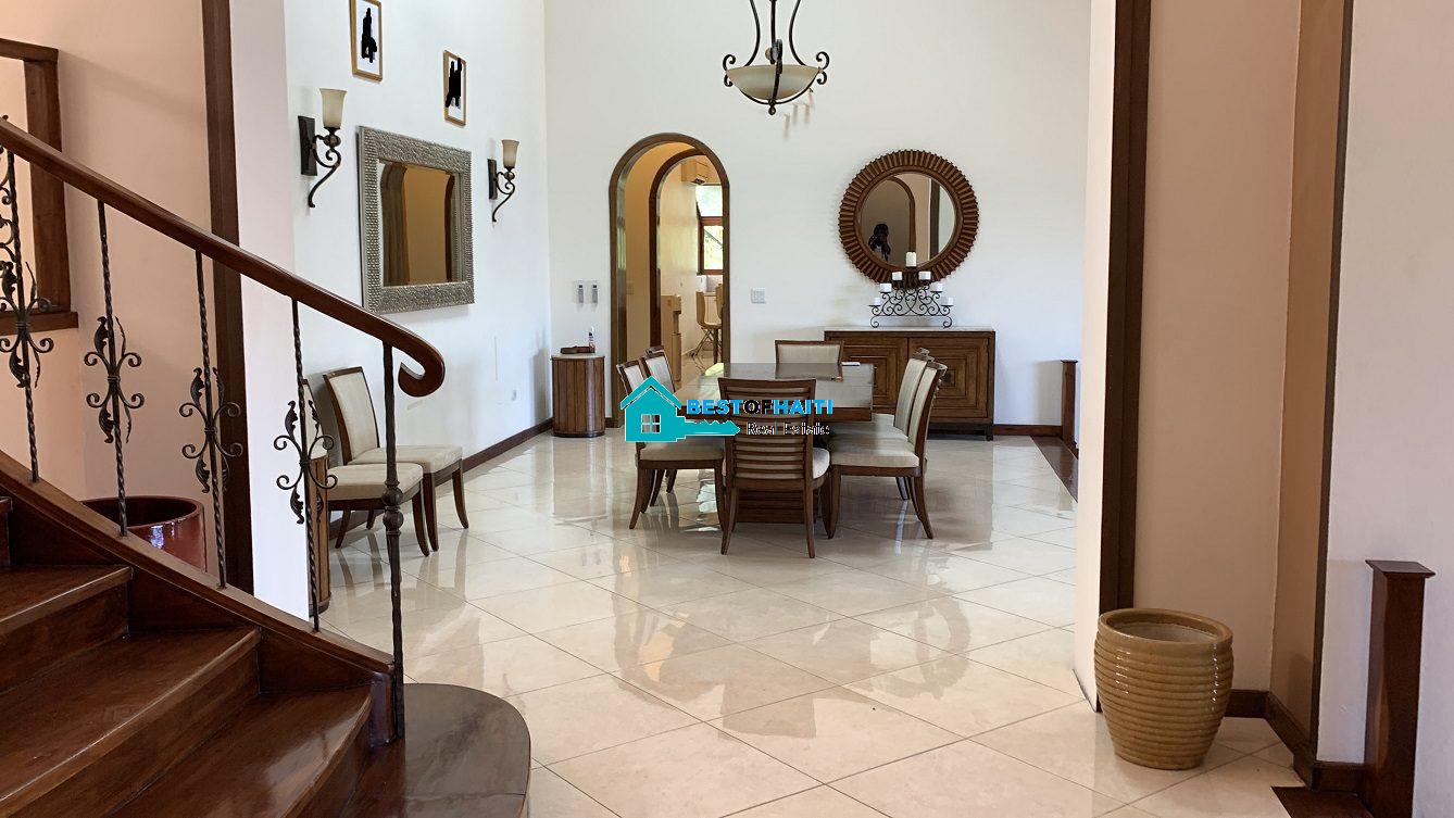 Luxury Fully Furnished Mansion for Rent in the Montana Hotel area of Petion-Ville, Haiti – 5 Spacious Bedrooms, 6 Bathrooms, Sparkling Swimming Pool, Jacuzzi, Whirlpool Jacuzzi Tubs, Air-Conditioner Units (A/C), Ceiling Fans, Washer/Dryer, Breathtaking Views, Strong Solar-Powered Electricity System, Bulletproof Doors/Windowns, Parking for 10 Cars, Servant Quarter, Round-the-Clock Armed Security Guards, Elicopter Landing Pad & More…