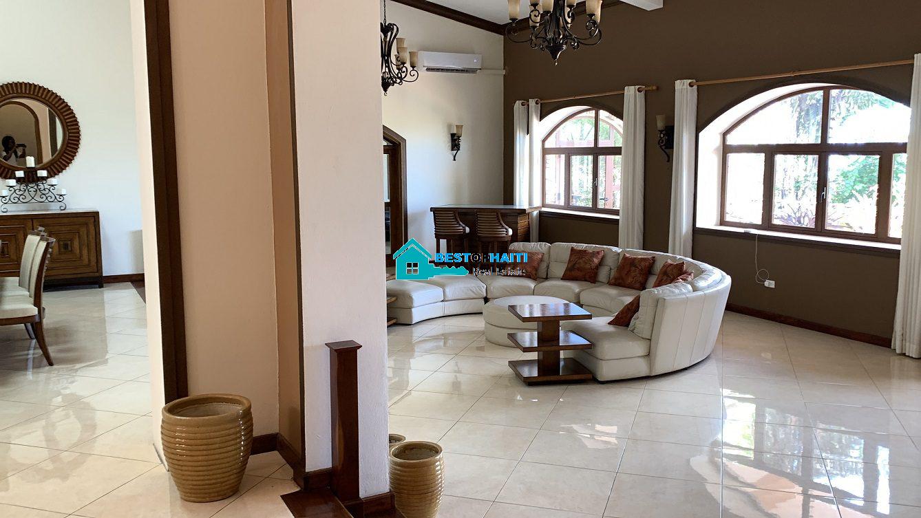 Luxury Fully Furnished Mansion for Rent in the Montana Hotel area of Petion-Ville, Haiti – 5 Spacious Bedrooms, 6 Bathrooms, Sparkling Swimming Pool, Jacuzzi, Whirlpool Jacuzzi Tubs, Air-Conditioner Units (A/C), Ceiling Fans, Washer/Dryer, Breathtaking Views, Strong Solar-Powered Electricity System, Bulletproof Doors/Windowns, Parking for 10 Cars, Servant Quarter, Round-the-Clock Armed Security Guards, Elicopter Landing Pad & More…