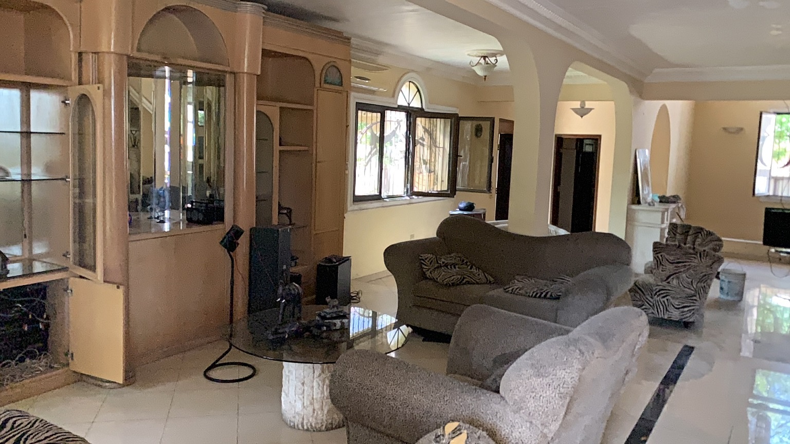 Palace-Style Villa for Sale, Vivy Mitchell, Petion-Ville, Haiti – House or Home has 6 Spacious Bedrooms, 5 1/2 Bathrooms, Multiple Grand Living & Dining Rooms, Majestic Kitchen, Whirlpool Jacuzzi Tub in Master Bedroom, Walk-in Closet, Basement Game Room & Gym, Floor-to-Ceiling Windows, Big Balconies, Terrace & Decks, Indoor & Outdoor Seating Areas, Ample Front-Back Yard Space, Reserved Space for Swimming Pool, Fruits, Vegetables, Tropical Trees, Two Gates, Brick Fence, Parking for 13+ Cars